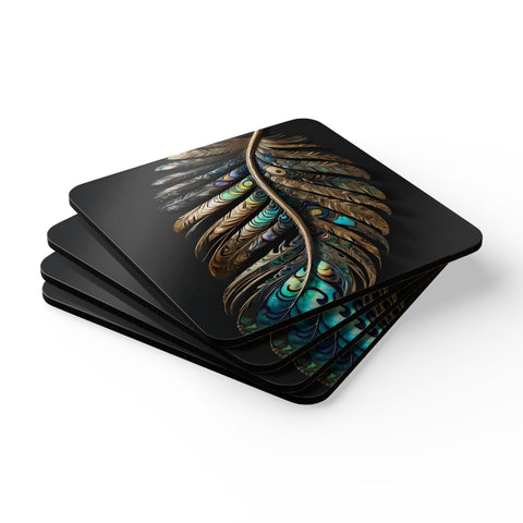 Paua Abalone Shell Feather Corkwood Coaster Set