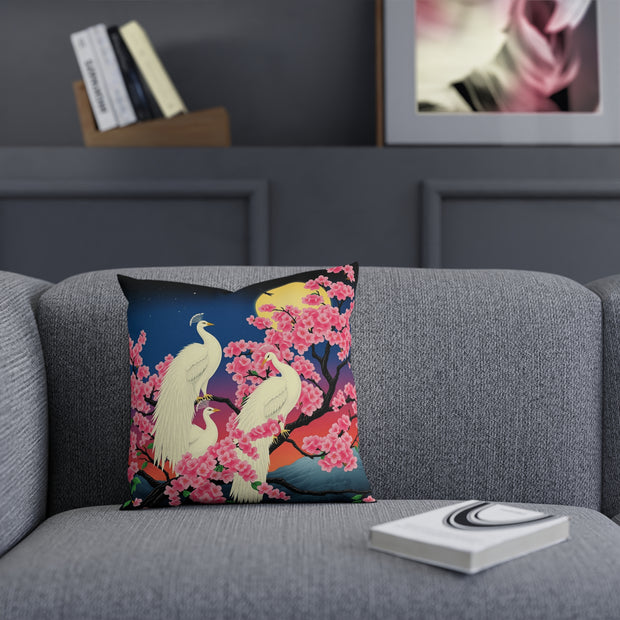 Japanese White Peacock Birds On Cherry Tree Cushion