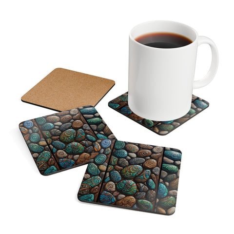 Beautiful Natural Stones With Maori Designs Corkwood Coaster Set
