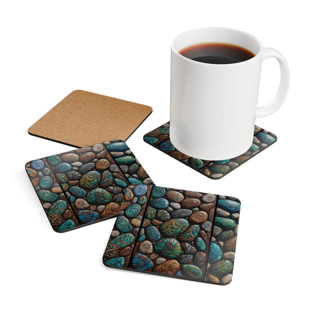 Beautiful Natural Stones With Maori Designs Corkwood Coaster Set