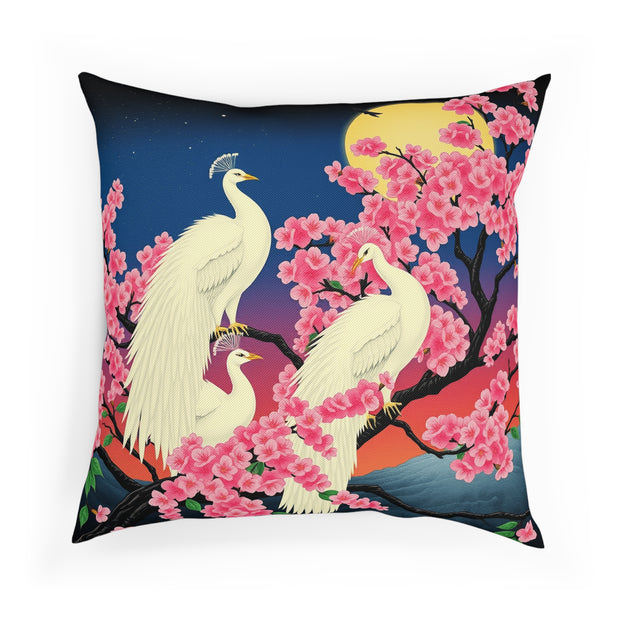 Japanese White Peacock Birds On Cherry Tree Cushion