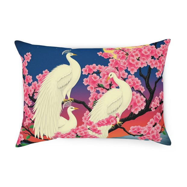 Japanese White Peacock Birds On Cherry Tree Cushion