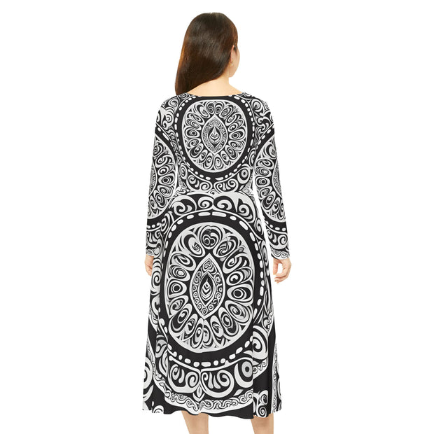 Black and White Ezra Women's Long Sleeve Dance Dress (AOP)