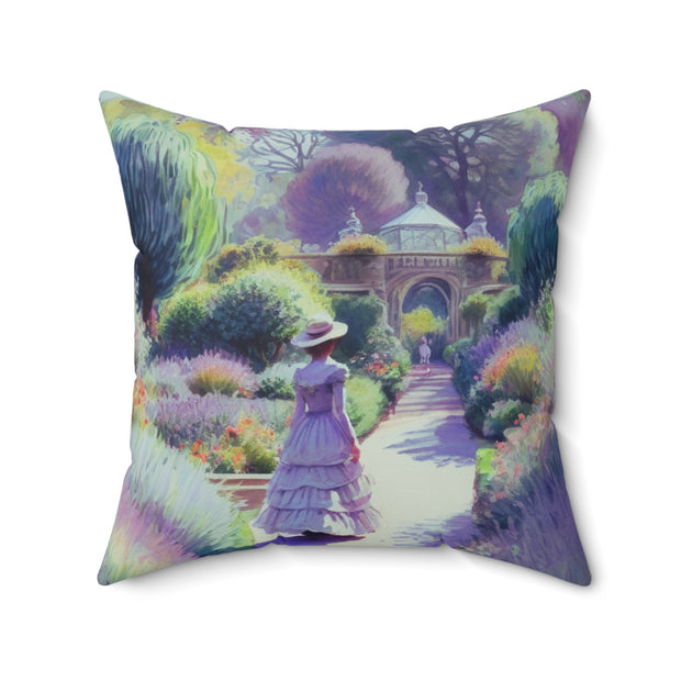 Monet Inspired Girl Walking In Garden Spun Polyester Square Pillow