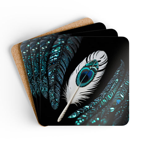 White Kotuku Paua Abalone Feather Corkwood Coaster Set