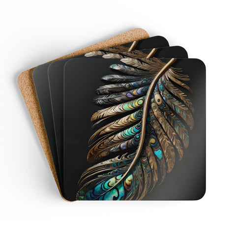 Paua Abalone Shell Feather Corkwood Coaster Set