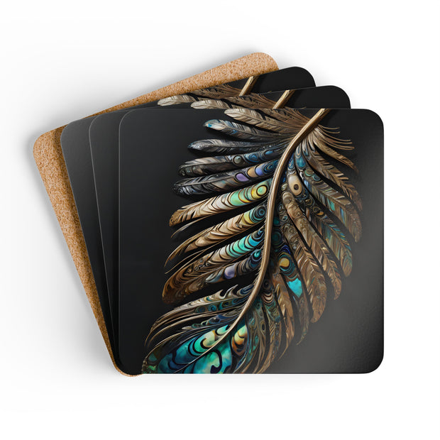 Paua Abalone Shell Feather Corkwood Coaster Set