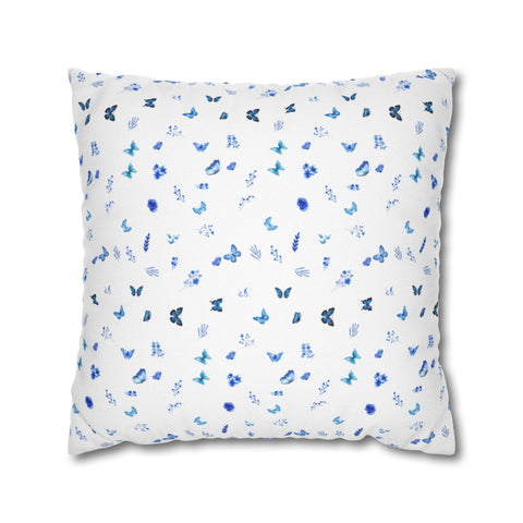 Blue and White Flowers and Butterflies Spun Polyester Square Pillowcase