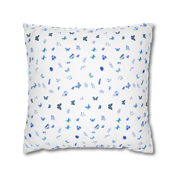 Blue and White Flowers and Butterflies Spun Polyester Square Pillowcase