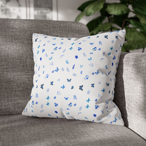 Blue and White Flowers and Butterflies Spun Polyester Square Pillowcase