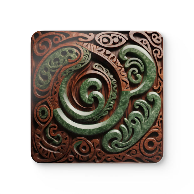 2 Wood and Pounamu Greenstone Corkwood Coaster Set