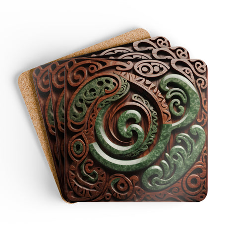 2 Wood and Pounamu Greenstone Corkwood Coaster Set