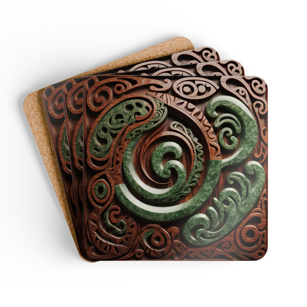 2 Wood and Pounamu Greenstone Corkwood Coaster Set