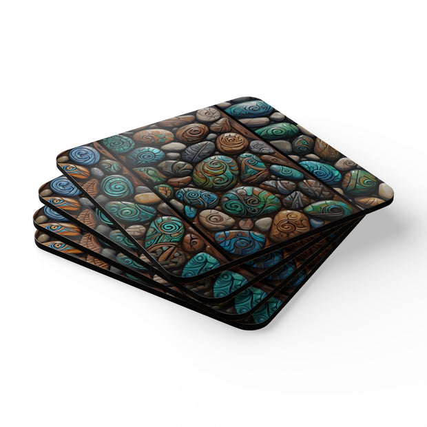 Beautiful Natural Stones With Maori Designs Corkwood Coaster Set