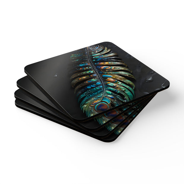 Paua Abalone Shell Feather Corkwood Coaster Set