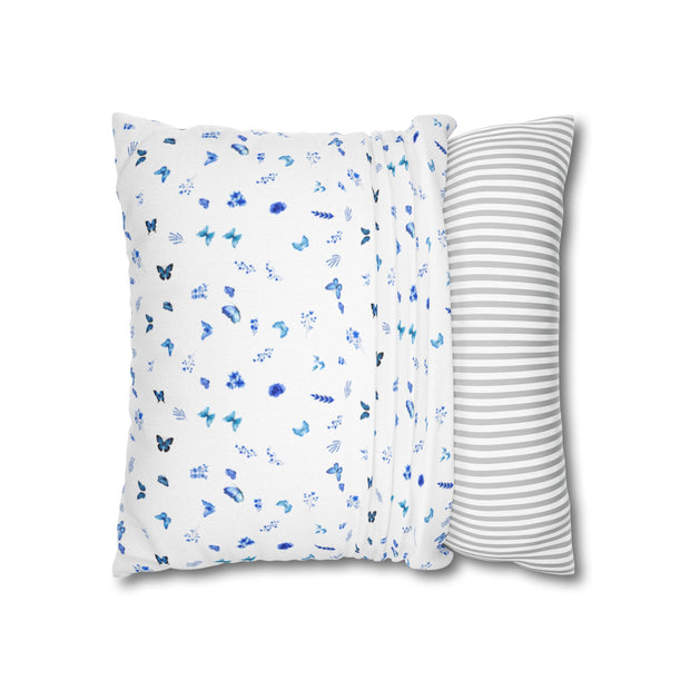 Blue and White Flowers and Butterflies Spun Polyester Square Pillowcase