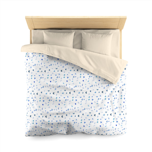 Blue and White Flowers and Butterflies Microfiber Duvet Cover