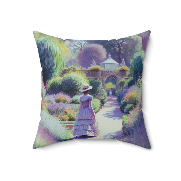 Monet Inspired Girl Walking In Garden Spun Polyester Square Pillow