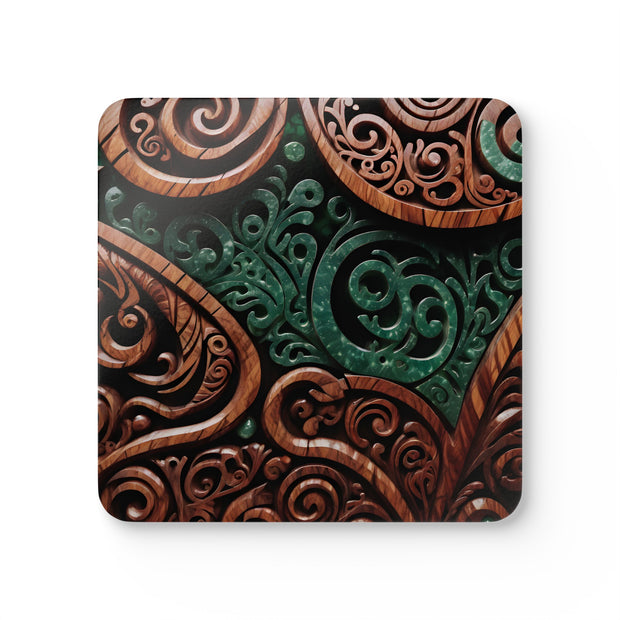 New Zealand Maori Pounamu Greenstone and Wood Corkwood Coaster Set
