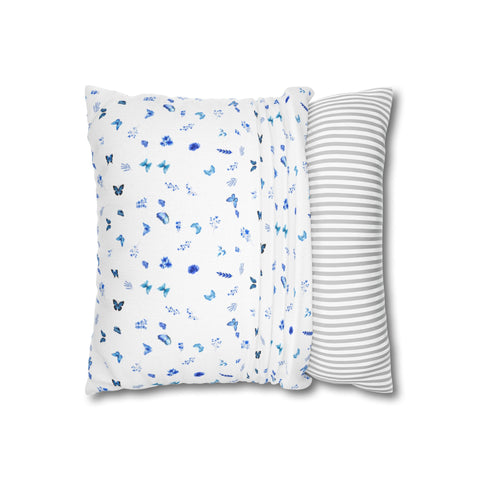 Blue and White Flowers and Butterflies Spun Polyester Square Pillowcase