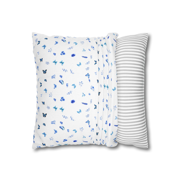 Blue and White Flowers and Butterflies Spun Polyester Square Pillowcase