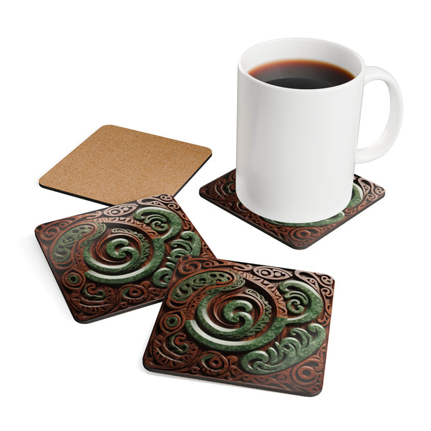 2 Wood and Pounamu Greenstone Corkwood Coaster Set