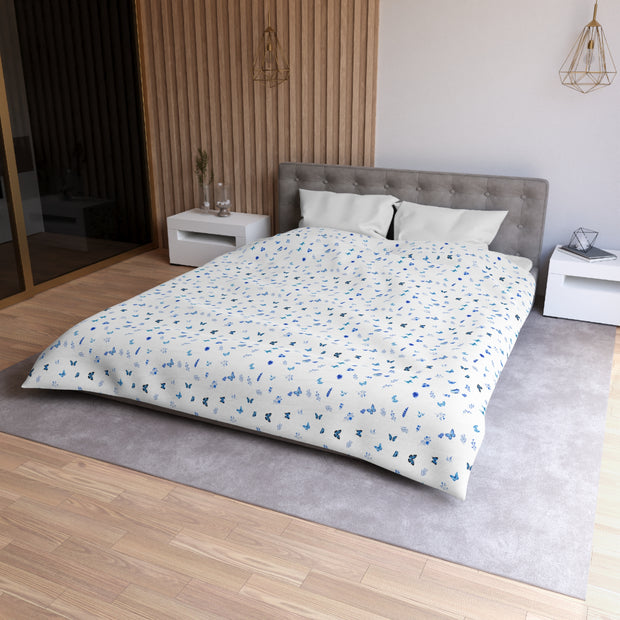 Blue and White Flowers and Butterflies Microfiber Duvet Cover