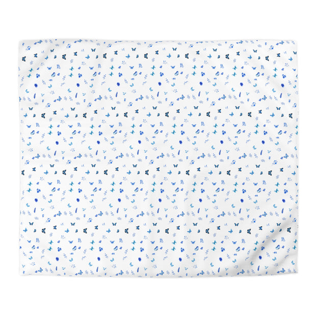 Blue and White Flowers and Butterflies Microfiber Duvet Cover