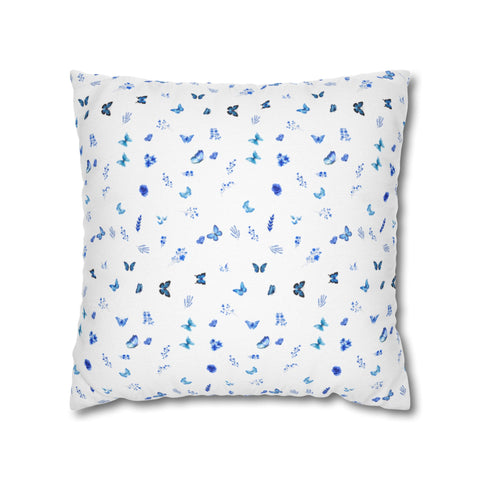 Blue and White Flowers and Butterflies Spun Polyester Square Pillowcase