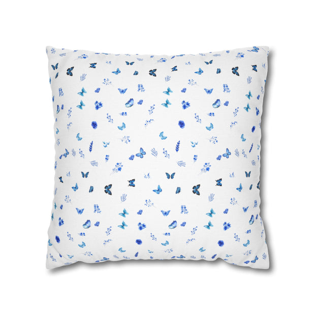 Blue and White Flowers and Butterflies Spun Polyester Square Pillowcase