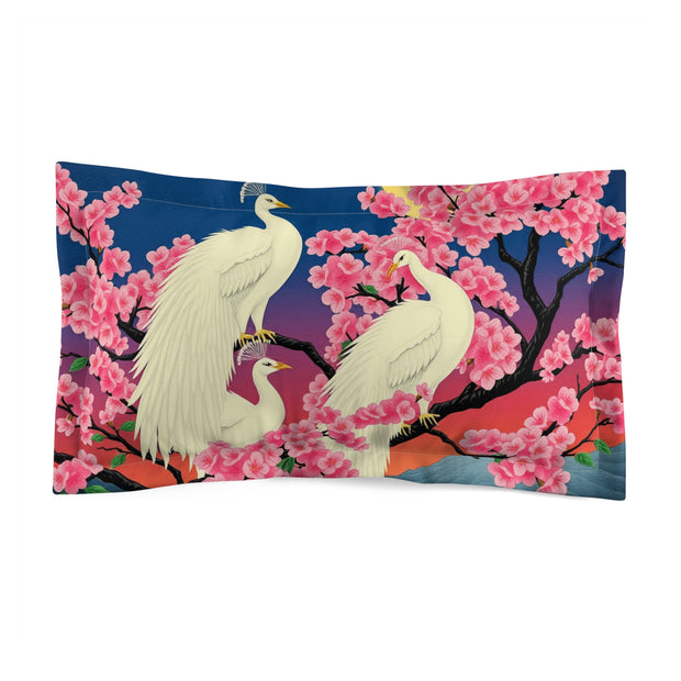 Japanese White Peacocks in Cherry Blossom Tree Microfiber Pillow Sham