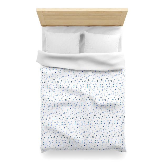 Blue and White Flowers and Butterflies Microfiber Duvet Cover