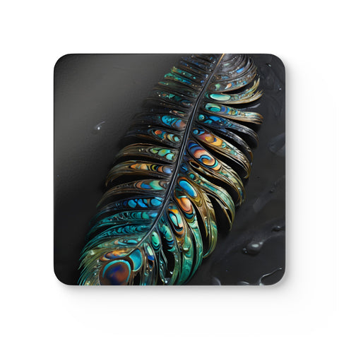 Paua Abalone Shell Feather Corkwood Coaster Set