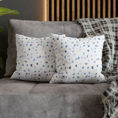 Blue and White Flowers and Butterflies Spun Polyester Square Pillowcase