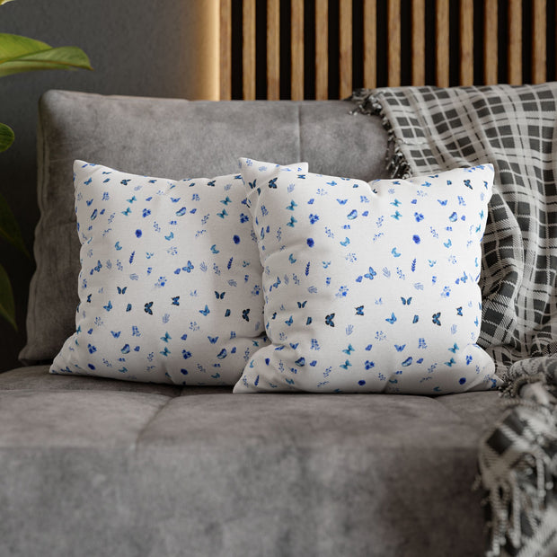 Blue and White Flowers and Butterflies Spun Polyester Square Pillowcase