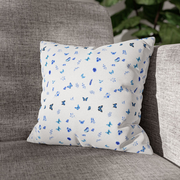 Blue and White Flowers and Butterflies Spun Polyester Square Pillowcase