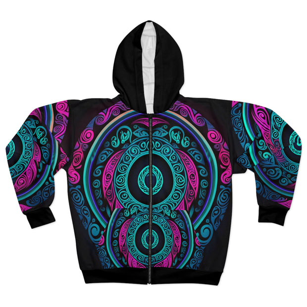 Pink Black Turquoise Maori Koru Unisex Zip Hoodie (AOP)