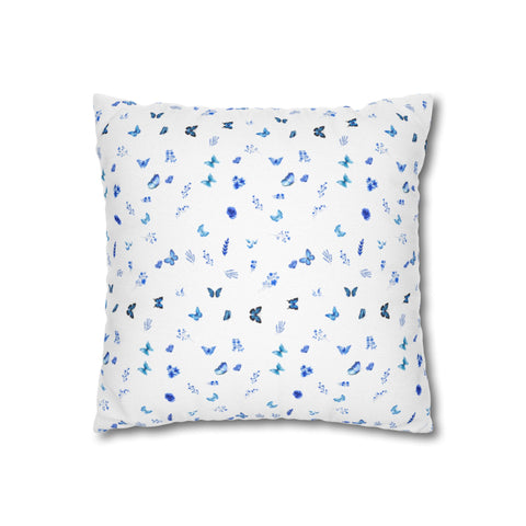 Blue and White Flowers and Butterflies Spun Polyester Square Pillowcase