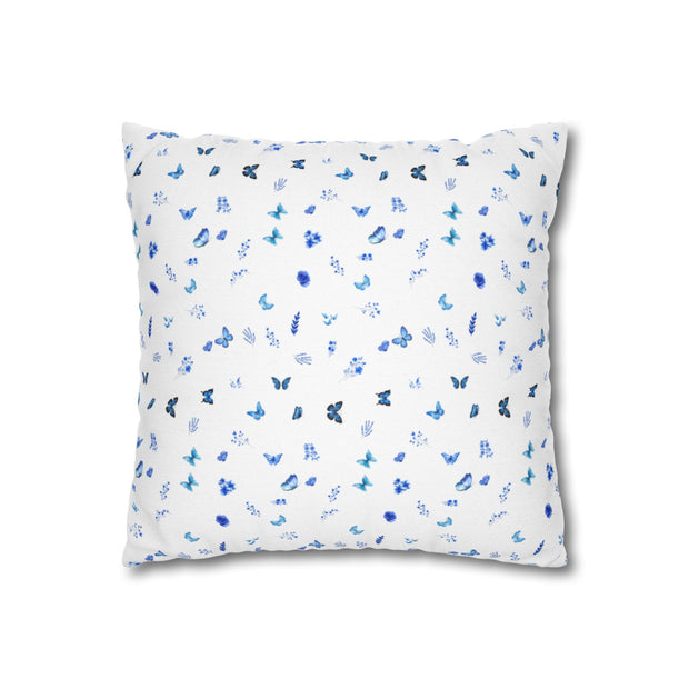Blue and White Flowers and Butterflies Spun Polyester Square Pillowcase