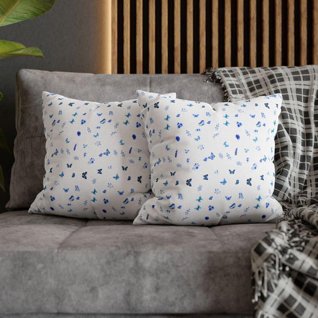 Blue and White Flowers and Butterflies Spun Polyester Square Pillowcase