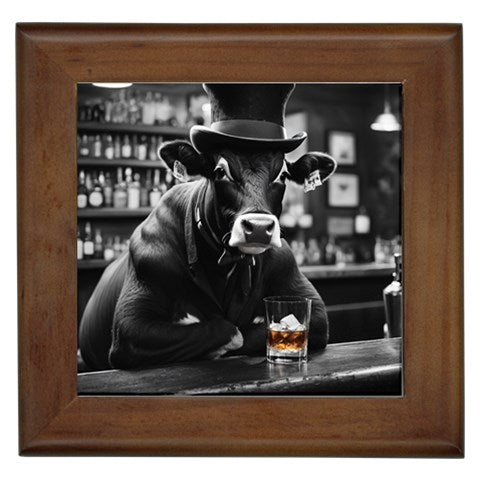Black and White Gentlemens Clue Cow Framed Ceramic Tile