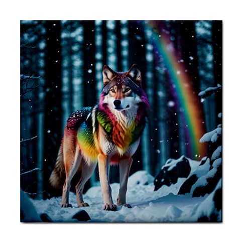 Rainbow Wolf In Forest Ceramic Tile