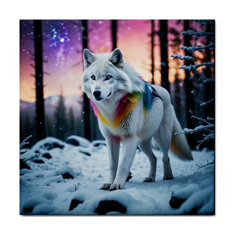 Rainbow White Wolf Ceramic Tile