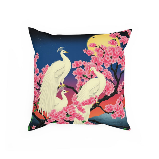 Japanese White Peacock Birds On Cherry Tree Cushion