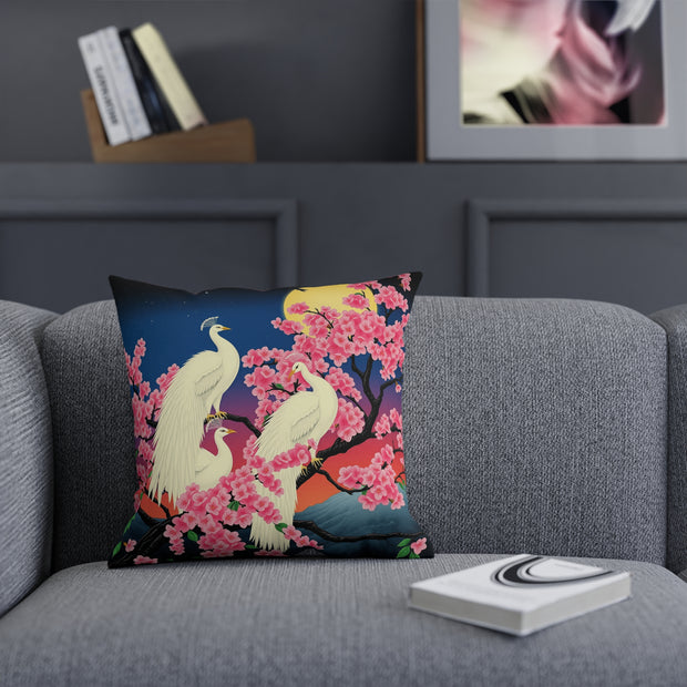 Japanese White Peacock Birds On Cherry Tree Cushion