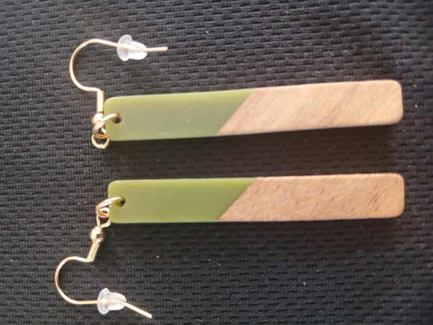 Khaki Green Resin and Wood Earrings