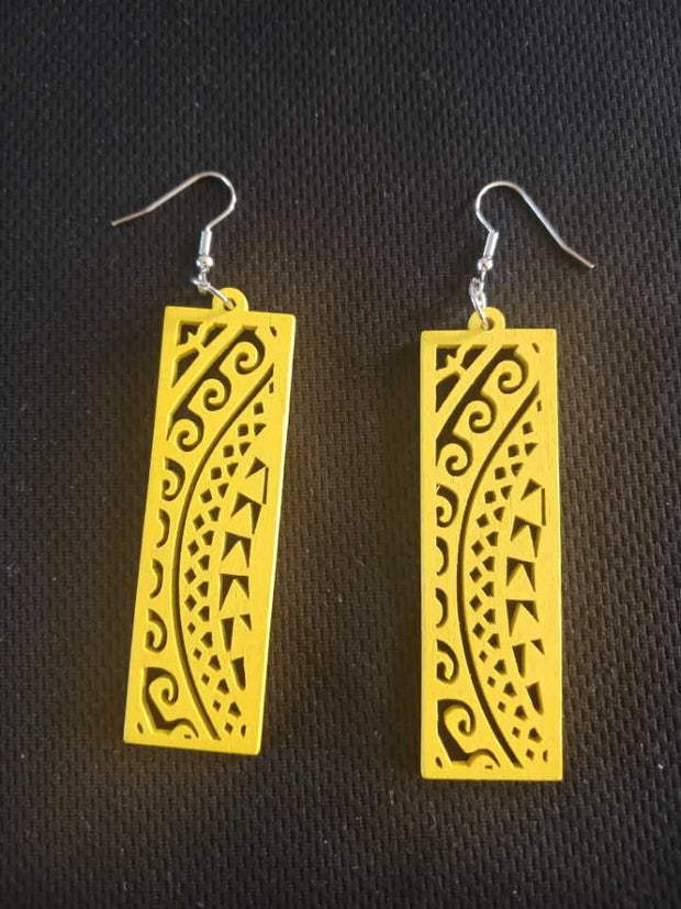 Yellow Wood Ethnic Pair Of Earrings