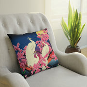 Japanese White Peacock Birds On Cherry Tree Cushion