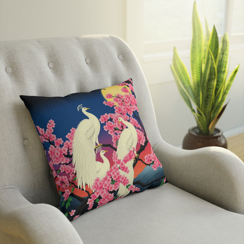 Japanese White Peacock Birds On Cherry Tree Cushion