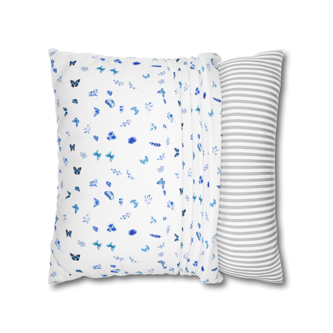 Blue and White Flowers and Butterflies Spun Polyester Square Pillowcase